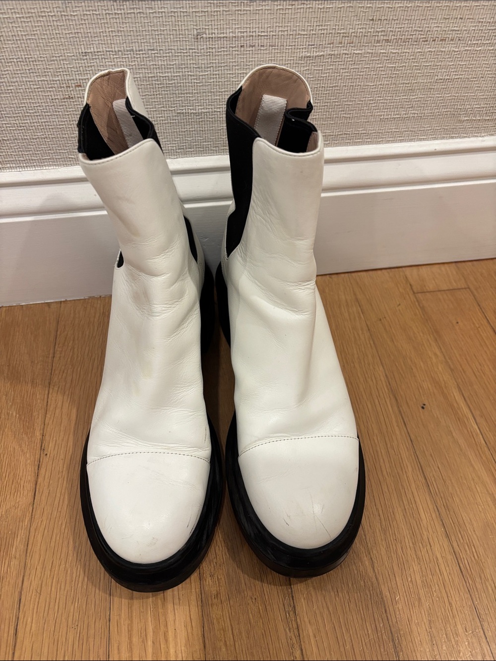 Stuart Weitzman White Ankle Boots with Black lug Sole - Women